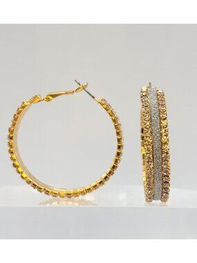 Gold Toned Rhinestone Lined 90's Style Silver Glitter XL Hoop Vintage Earrings